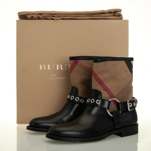 Burberry Queenstead Black Check Leather Bootie Boots - Size 5.5 US (35.5 EU) - Picture 1 of 6